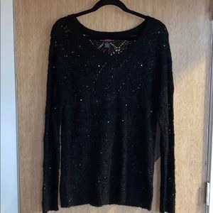 Black Sequined Knit V-Neck Sweater, Size XL